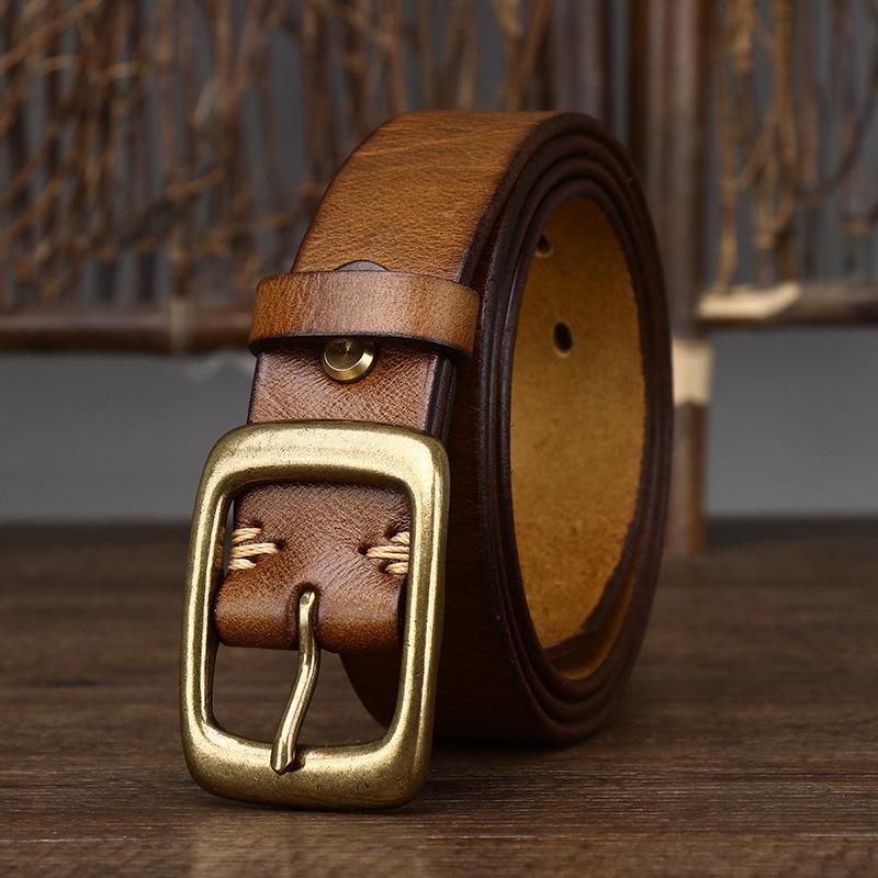 3.3CM Wide Vintage Washed Top Grain Leather Belt with Copper Buckle - Unisex, Korean Style Trend