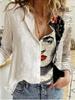 Fashion Stitching Retro Face Print Long Sleeve Blouse Women Lapel Button Casual Top Lady Shirts