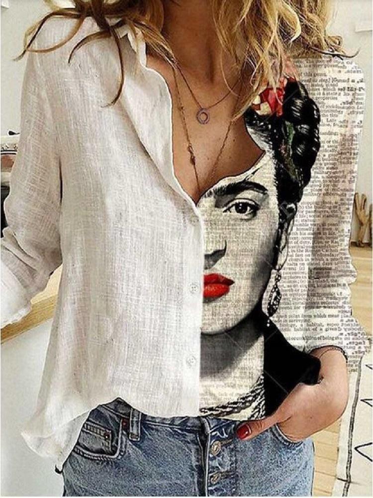 Fashion Stitching Retro Face Print Long Sleeve Blouse Women Lapel Button Casual Top Lady Shirts