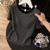 Striped Short-sleeved T-shirt Women's Summer Color Woven Strips Pure Cotton Loose Large Size Round Neck Age Reduction, New Versatile Top