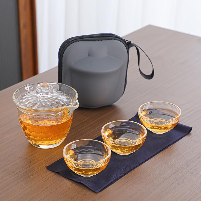 

Glass Travel Tea Set Suit Japanese Glass Tea Set One Pot Fills Three Cups Outdoor Portable Kung Fu Tea Set