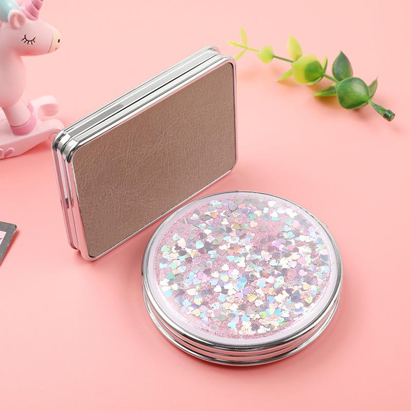 Quicksand Heart Pocket Makeup Mirror - Portable Folding Round Mirror, Small Gift for National Day