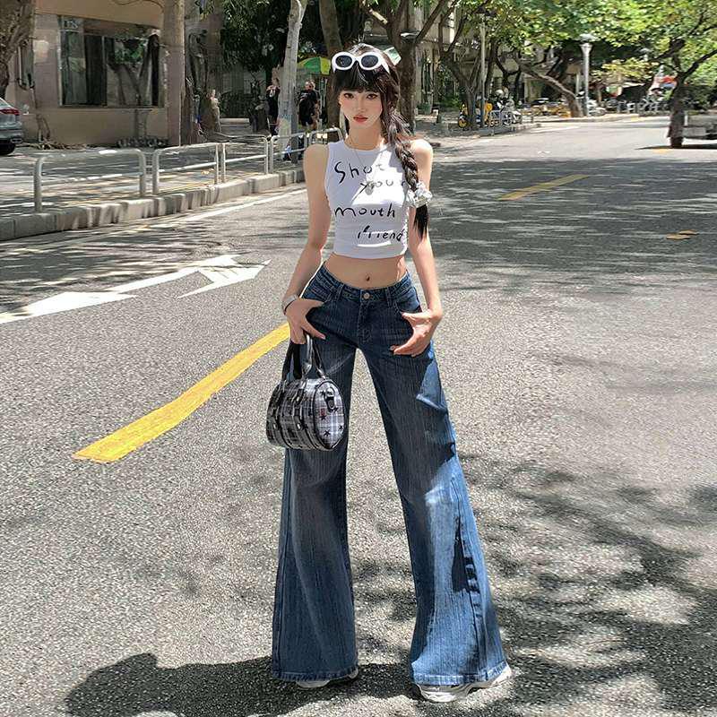 Heavy Duty Retro Bamboo Pattern Low Waist Wide Leg Flare Jeans Extra Large