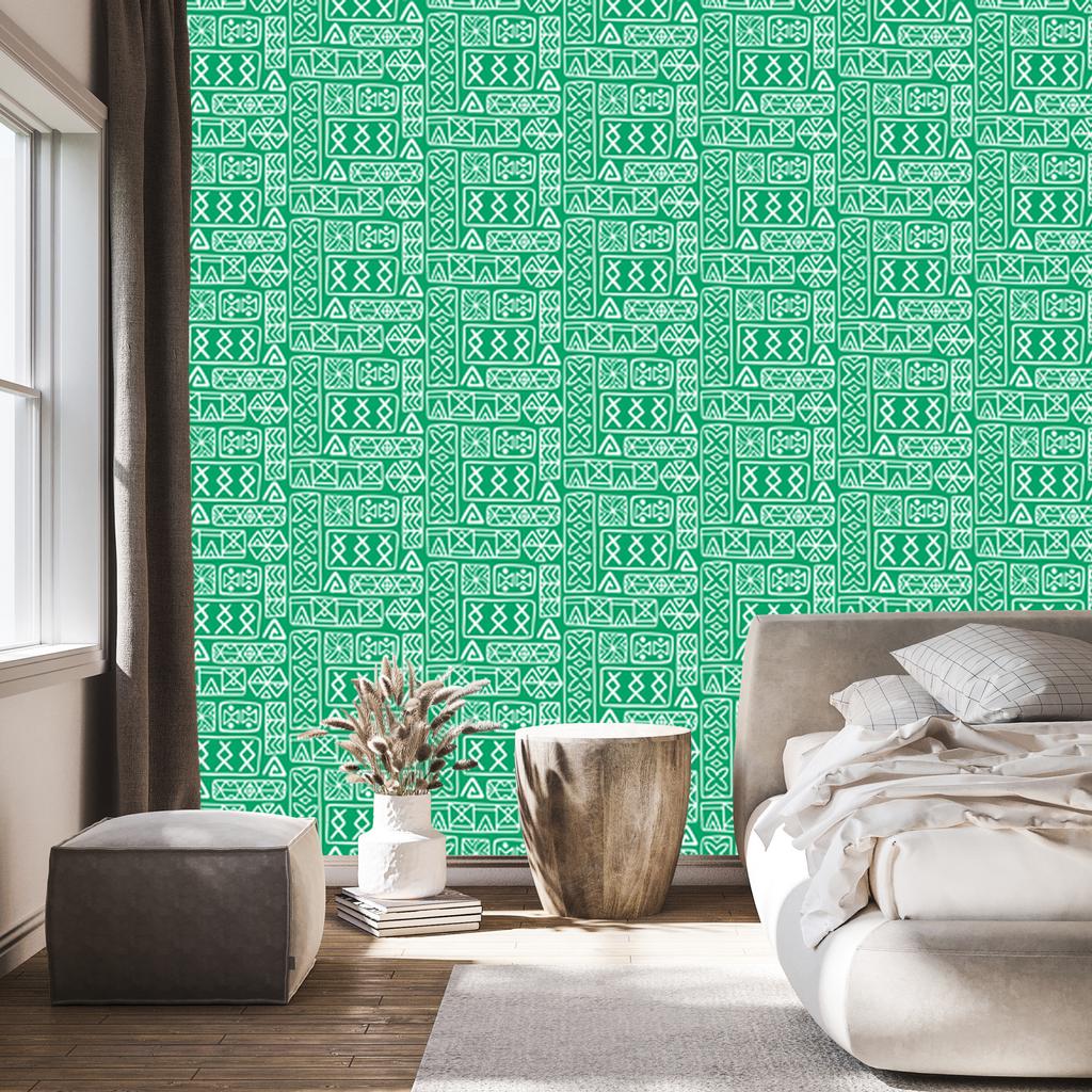 Polynesian Geometric Pattern Wallpaper Sea and Mint 50x1000