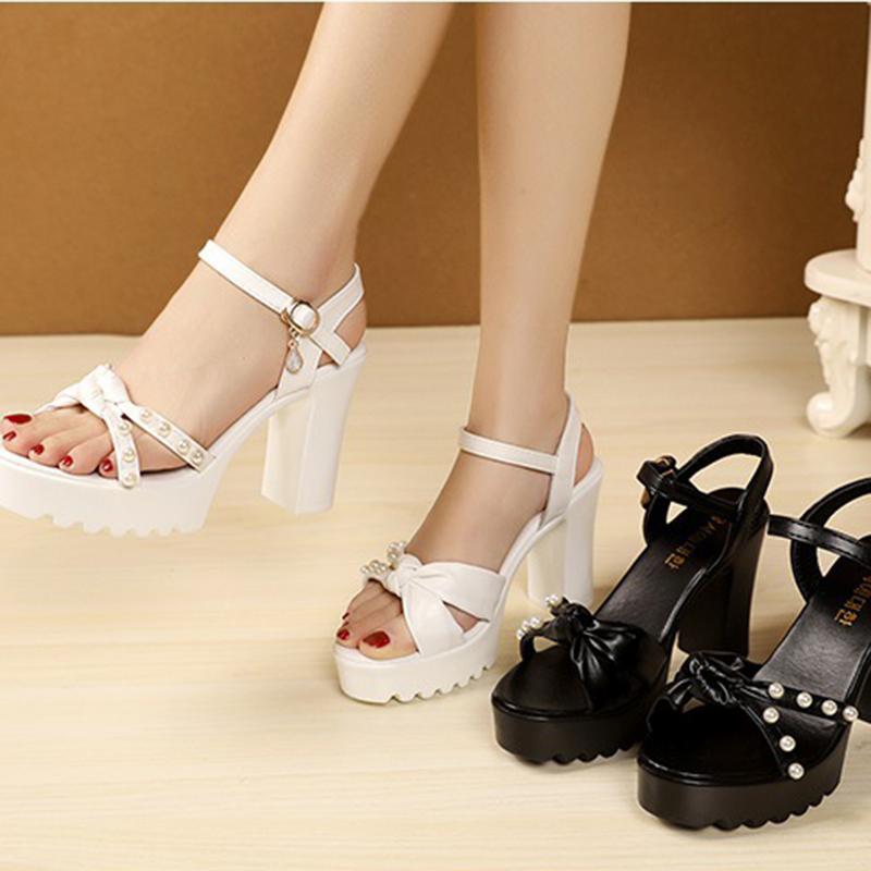 High Heels Sandalen, Dicke Absätze, Wasserdichte Plateausohle, Vielseitig, Sommer Weiches Leder, Perle, Bequeme Höhenerhöhende Damenschuhe