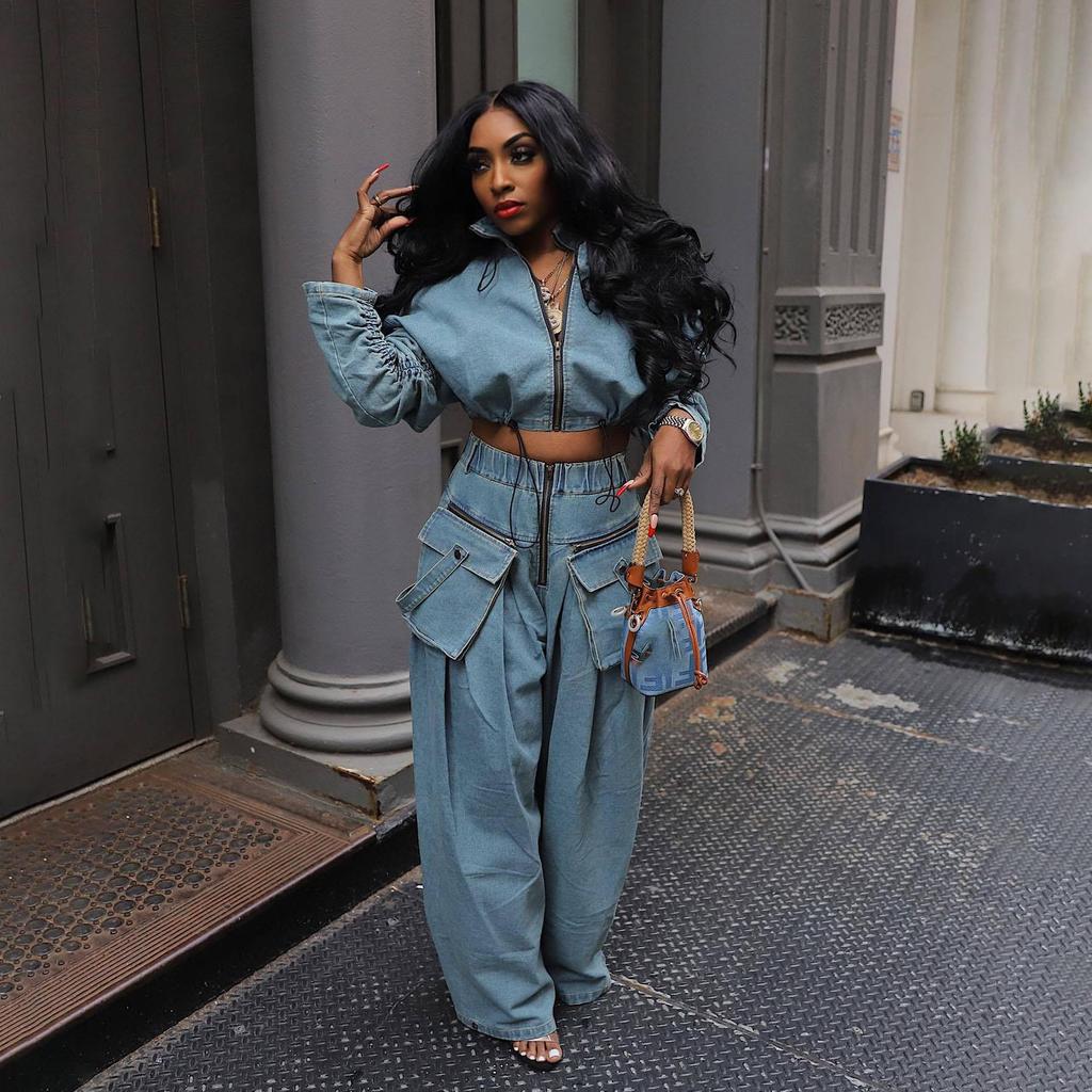Denim Two Piece Sets Women Coat Jacket Wide Leg Pants Jeans Suits Matching Sets Trousers Outfits 2025 Y2k Streetwear Party
