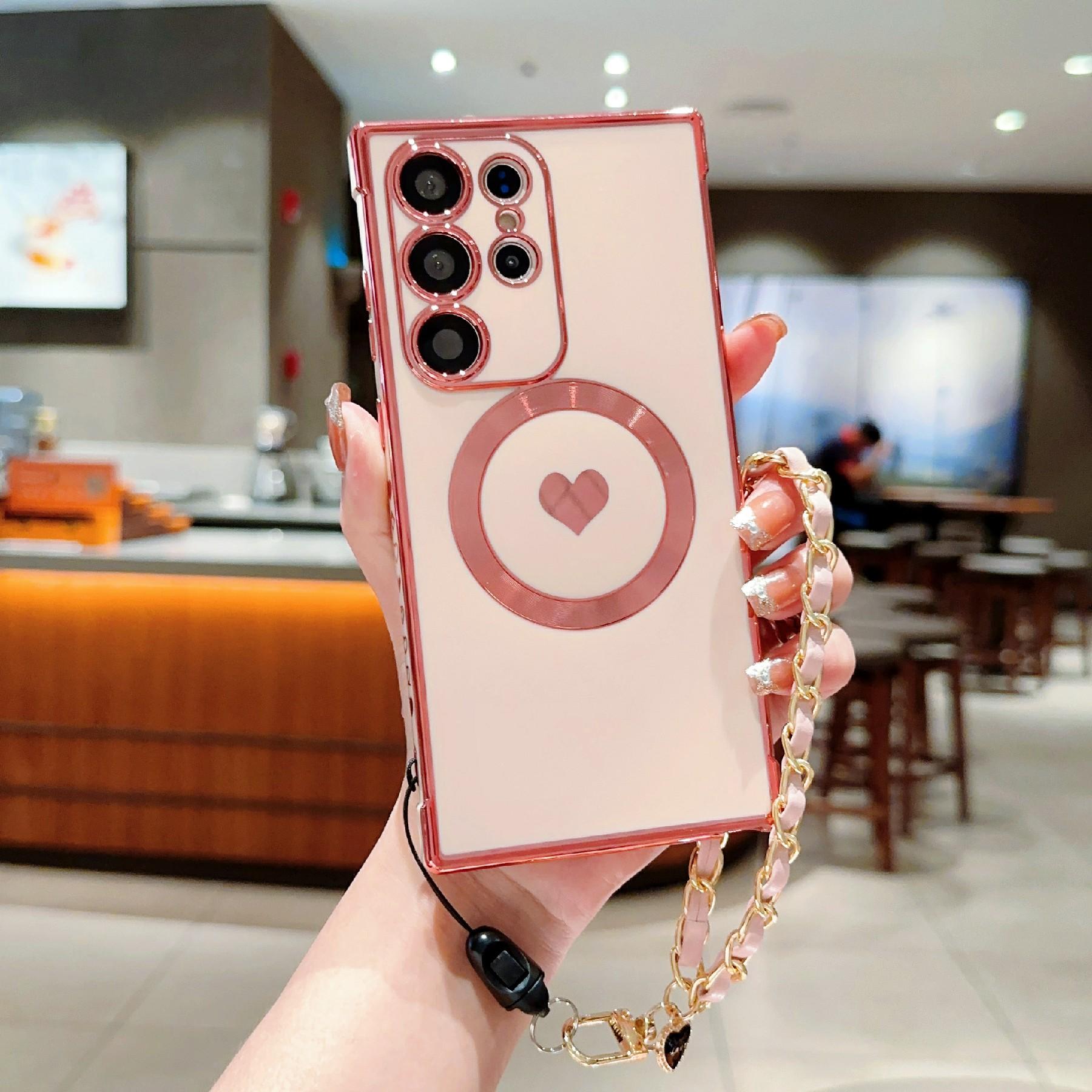 

For Samsung Galaxy S25 Ultra Case Compatible with MagSafe Love Heart Electroplated Soft TPU Cover with Hand Strap Chain Rose Pink
