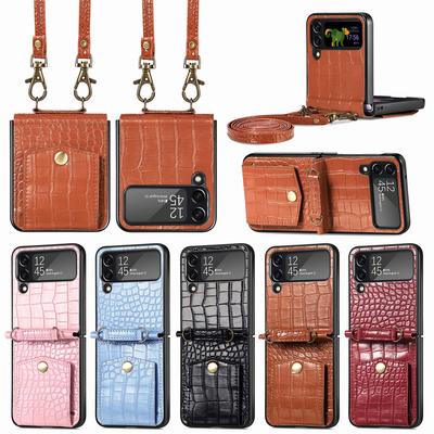 Tarjetas Solt Funda de cuero con cordón cruzado para Samsung Galaxy Z Flip 4 5G Flip4 patrón de cocodrilo soporte cartera contraportada