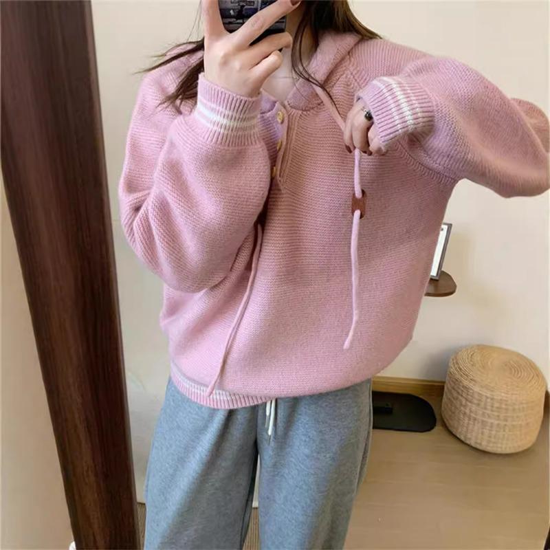 Autumn and winter new casual simple hooded knitted sweater top women's loose lazy simple pullover sweater