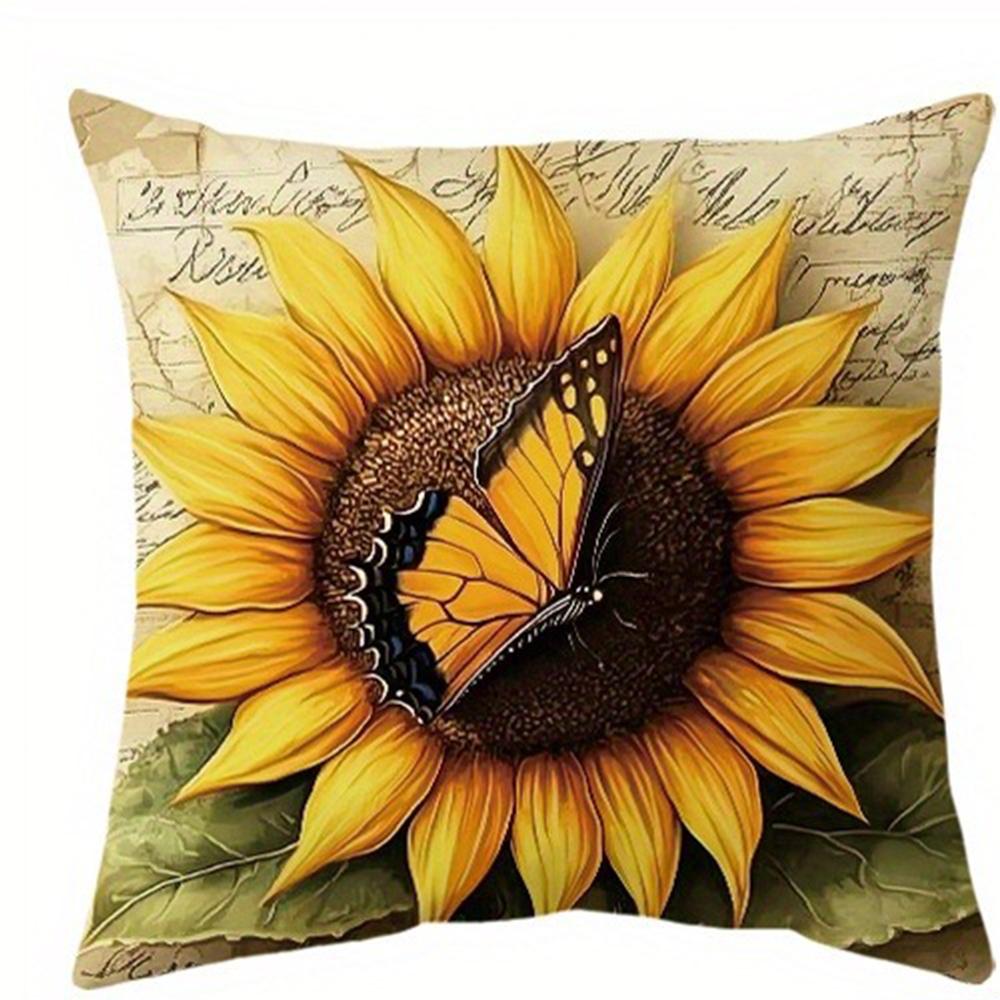 Vintage - Style Sunflower - Butterfly Pillow CoversLiving Room Sofa Cushion Cover, Soft and Comfortable, Bedroom Room Decoration