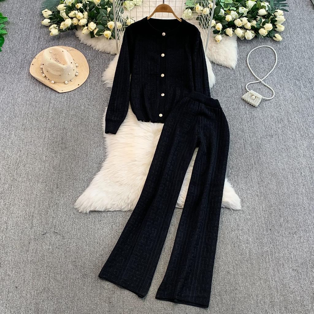 Jesień Zima Damski Designerski Wzorzysty Dzianinowy Sweter Spodnie Dwuczęściowy Zestaw Długi Rękaw Jednorzędowa Kurtka Top i Spodnie z Elastycznym Pasem Dres