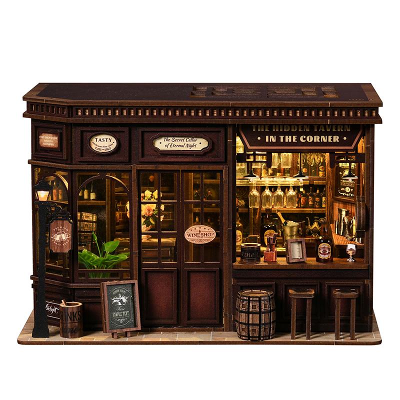 DIY Corner Tavern House Wooden Miniature Model Kit 3D Puzzle with Light Furniture Doll Houses Cottage for Friends Birthday Gifts