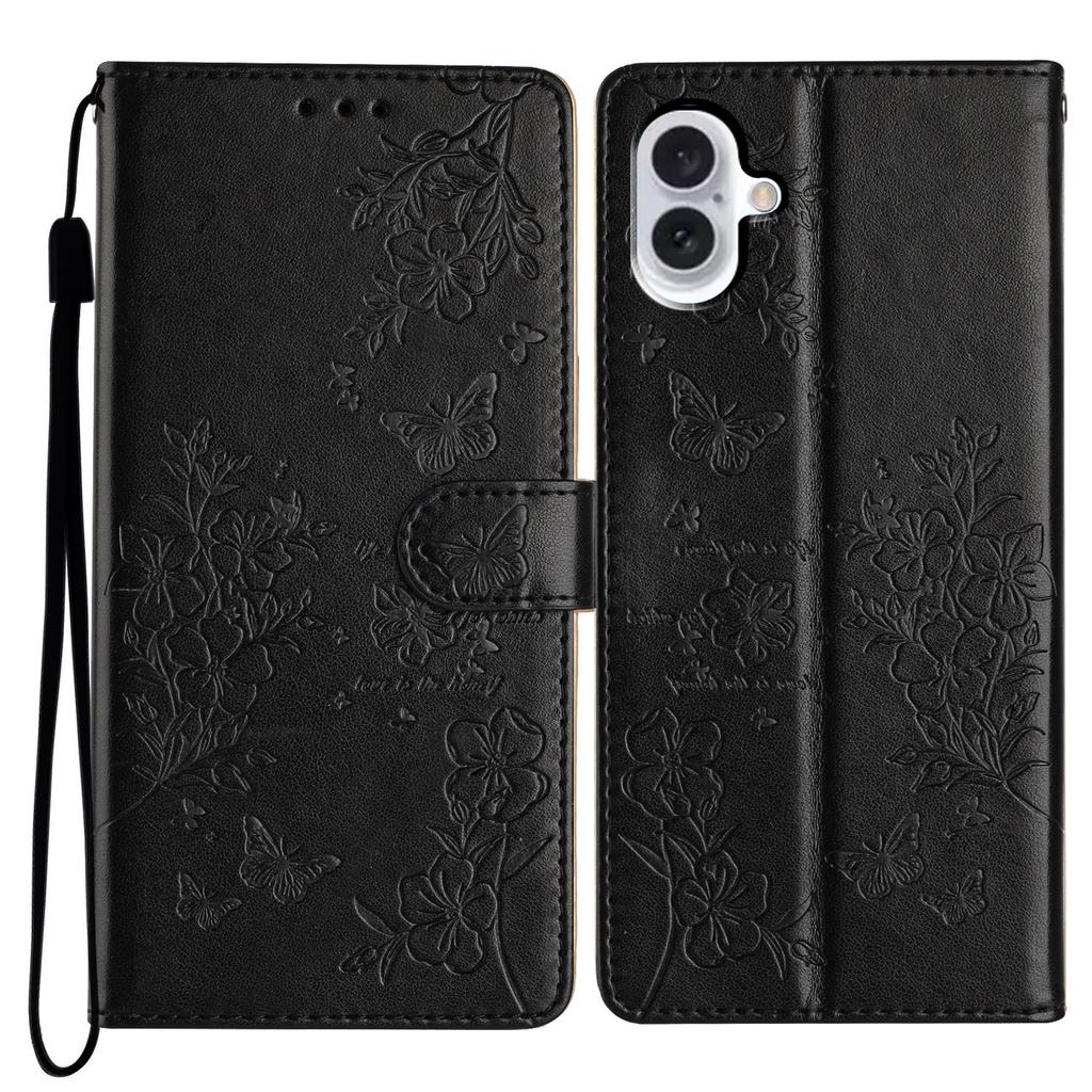 For iPhone 17 Wallet Phone Case Butterfly Floral Imprint Leather Flip Cover with Strap