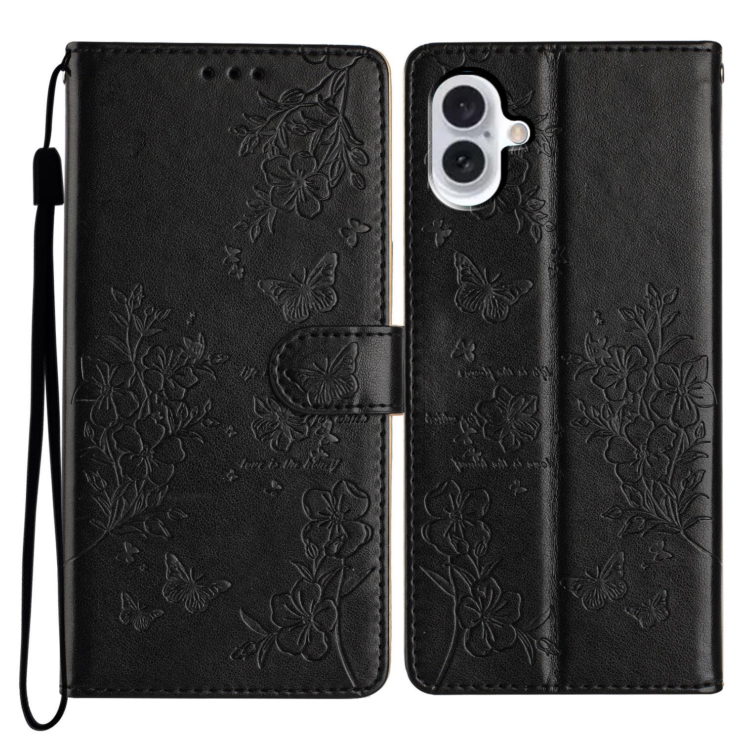 

For iPhone 16 Plus Case Butterfly Flower Imprint Wallet Leather Phone Cover with Stand Black