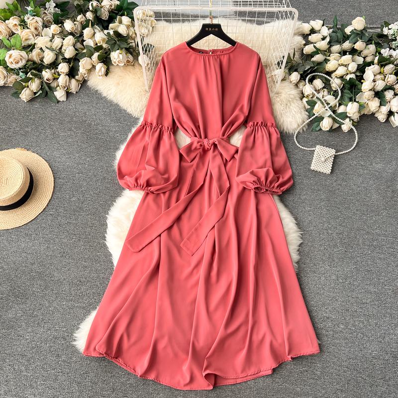 

Женские винтажные милые платья средней длины с высокой талией А-силуэта с круглым вырезом и рукавами-фонариками на шнуровке Vestidos весна-лето Женское платье One Size винный