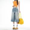 Trendy Summer Slub Fabric Minimal Design Denim Cropped Capri Pants Loose Straight Vintage Washed Slimming Casual Trousers