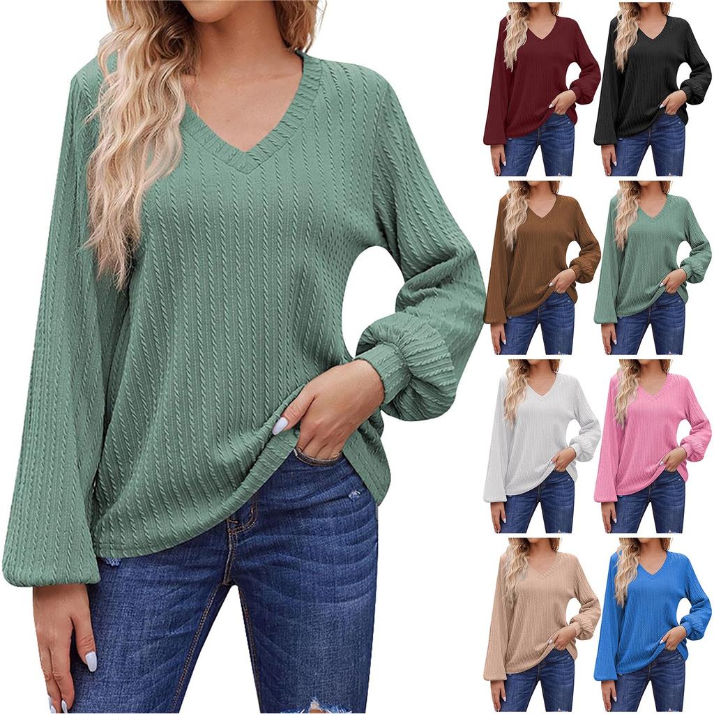 Women's Casual Loose Fitting Solid V-neck Long Sleeved V-neck T-shirt Women's Top