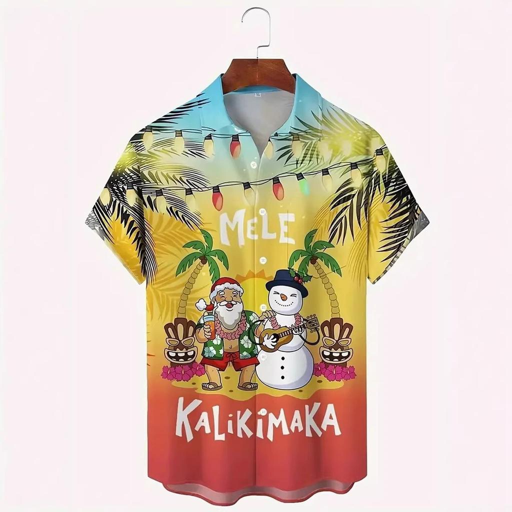3D Print Christmas Themed Santa Claus Graphic Beach Shirts Men's Short Sleeve Lapel Hawaiian Shirt Summer Button Vacation Shirts