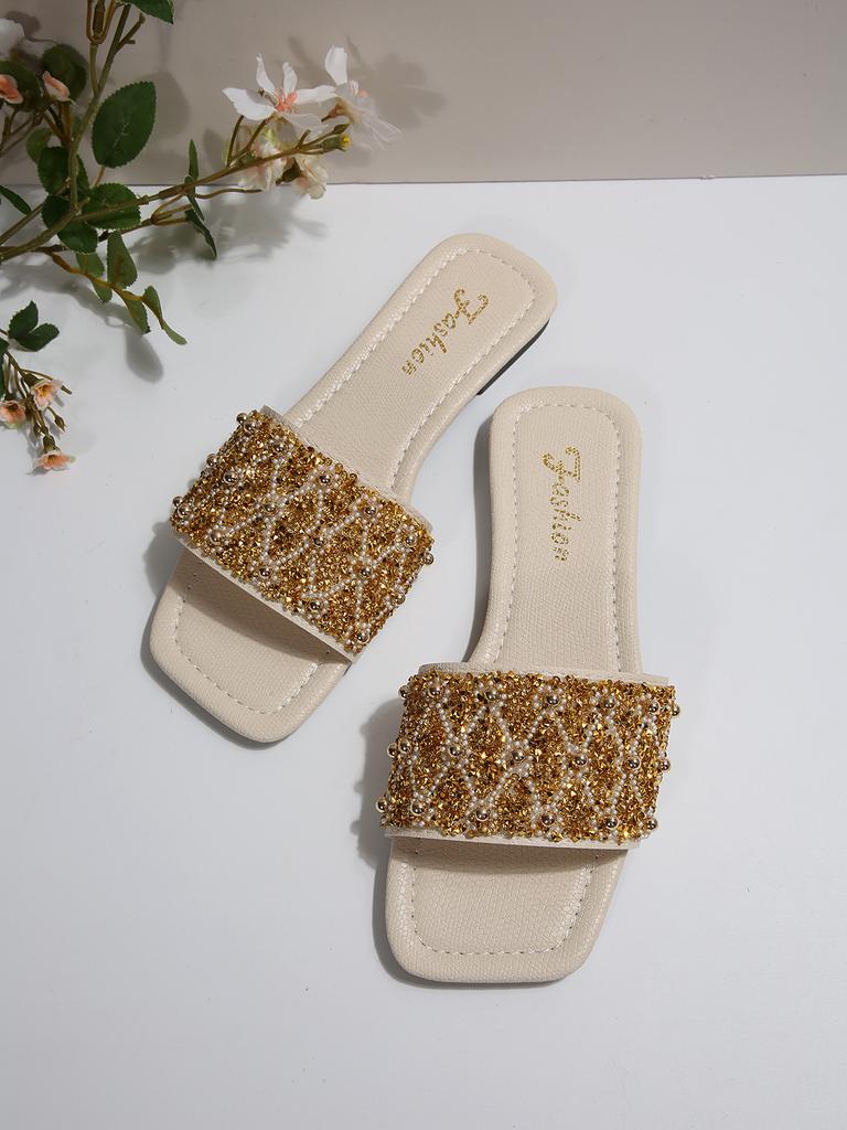 [Foreign trade] Foreign trade flat-bottomed slippers women's pearl rhinestone outer wear square head sandals
