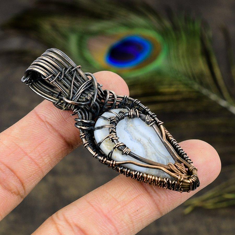 Blue Lace Agate, Moonstone Gemstone Copper Wire Wrap Jewelry Pendant 2.76"