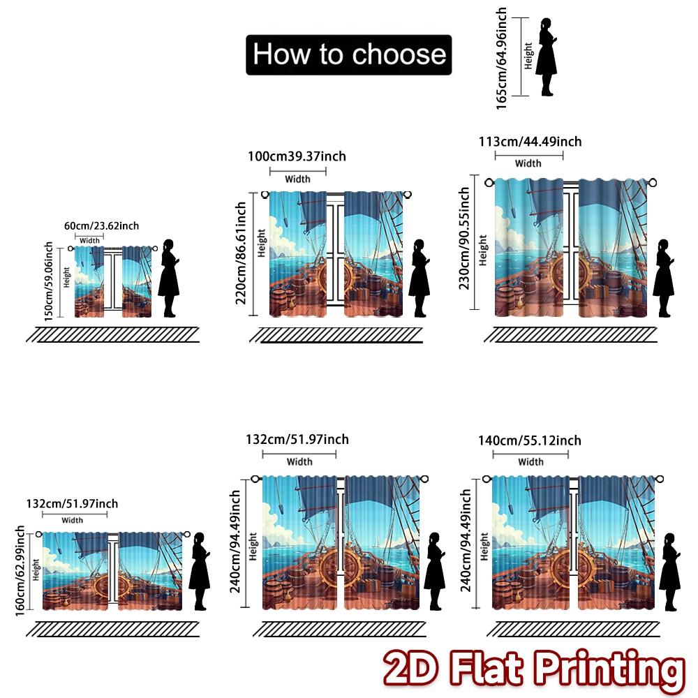 2D Flat Printing 2pcs Curtain Party Window Curtains Sailing Ship Deck Digital Printed Polyester Drapes Birthday Party for Living