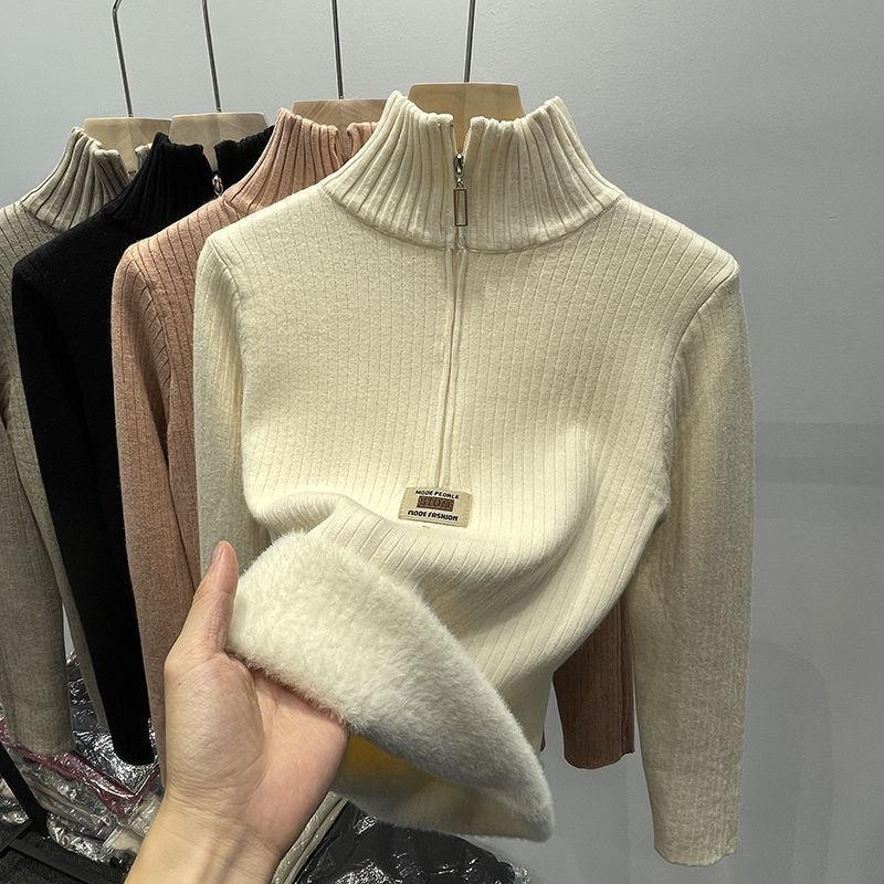 Neues integriertes Samt plus Samt verdicktes vielseitiges Basic-Shirt für Damen mit halbem Rollkragen, innerer Pullover