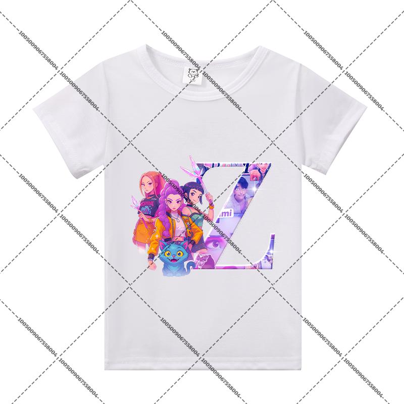 KPop Demon Hunters Child Pullover T-Shirt Cartoon Figure A-Z Letters Short-sleeve Summer Shirt Girl Cotton Casual Loose Clothing