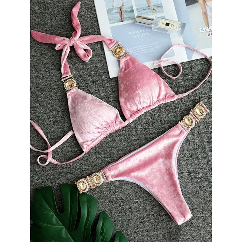 

2025 Блискуче стразове діамантове бікіні Жіночий купальник Жіночий купальний костюм Комплект бікіні з двох частин Халтер Металеві ланцюжки Купальний костюм L