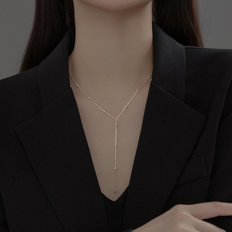 S925 Silver Temperament Necklace Female Korean Version Sweet Small Fresh Light Bead Y Word Tassel Clavicle Chain Necklace
