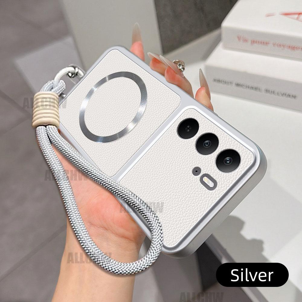 For Magsafe Wireless Charging Case For Realme C75 C71 C67 C65 C63 C61 C35 C33 C31 C30 C21 C20 4G With Lanyard PU Lambskin Cover