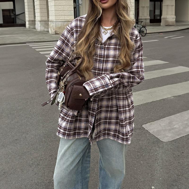 Camicia a Quadri Oversize da Donna Vestibilità Larga Bottoni Manica Lunga Blusa Casual
