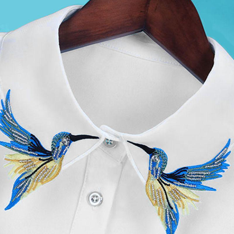Women Shirt Fake Collar Tie Fashion Heavy Bird Embroidery Crystal Sewing Detacha