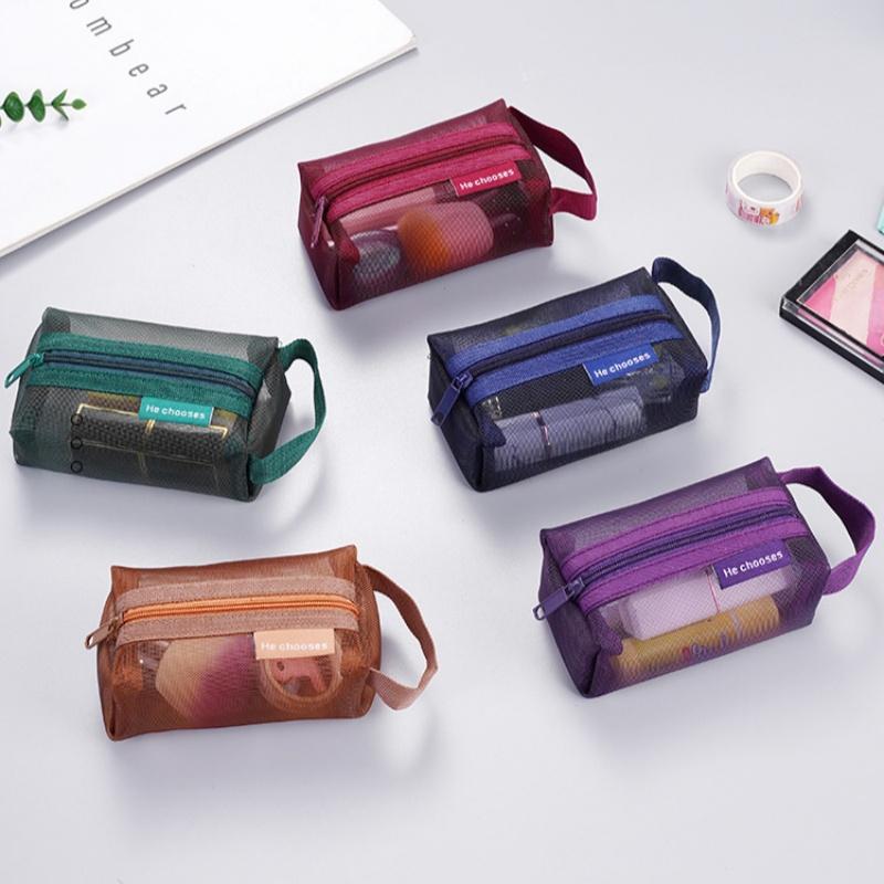Portable Vintage Three-dimensional Square Nylon Mesh Coin Purse Transparent Cosmetic Bag Large Capacity Key Makeup Earphone Bag