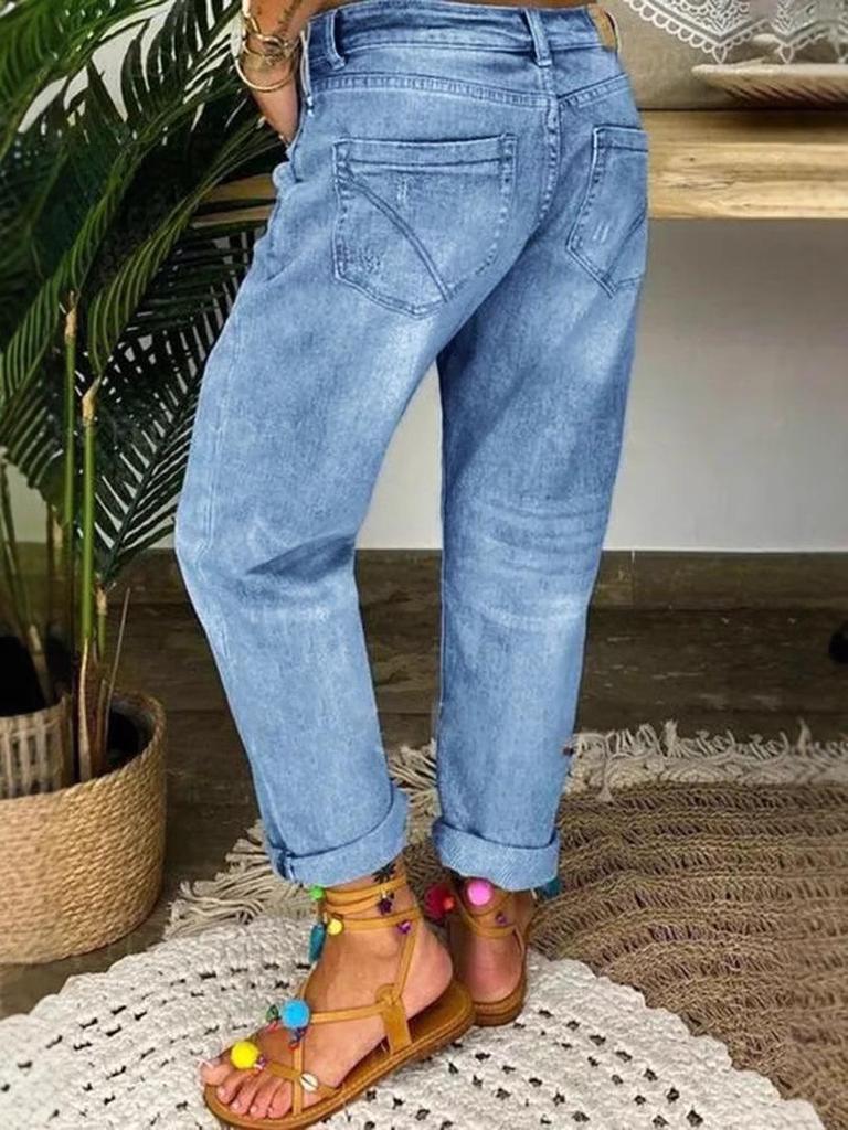 2025 Women's Blue Ripped Loose Straight-Leg Jeans: European & American Style, Washed Casual Long Pants