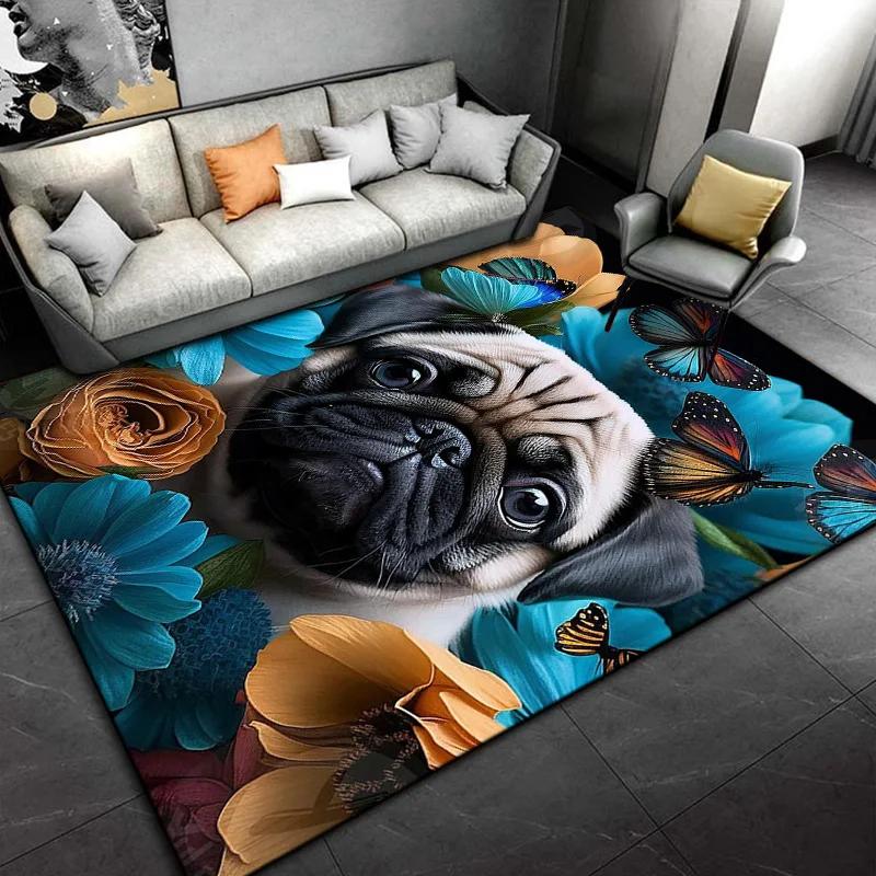 Lovely Pug Dog Cartoon Area Rug Cute Animal Carpet for Kids Bedroom Playroom Non-Slip Floor Mat Home Decor Gift