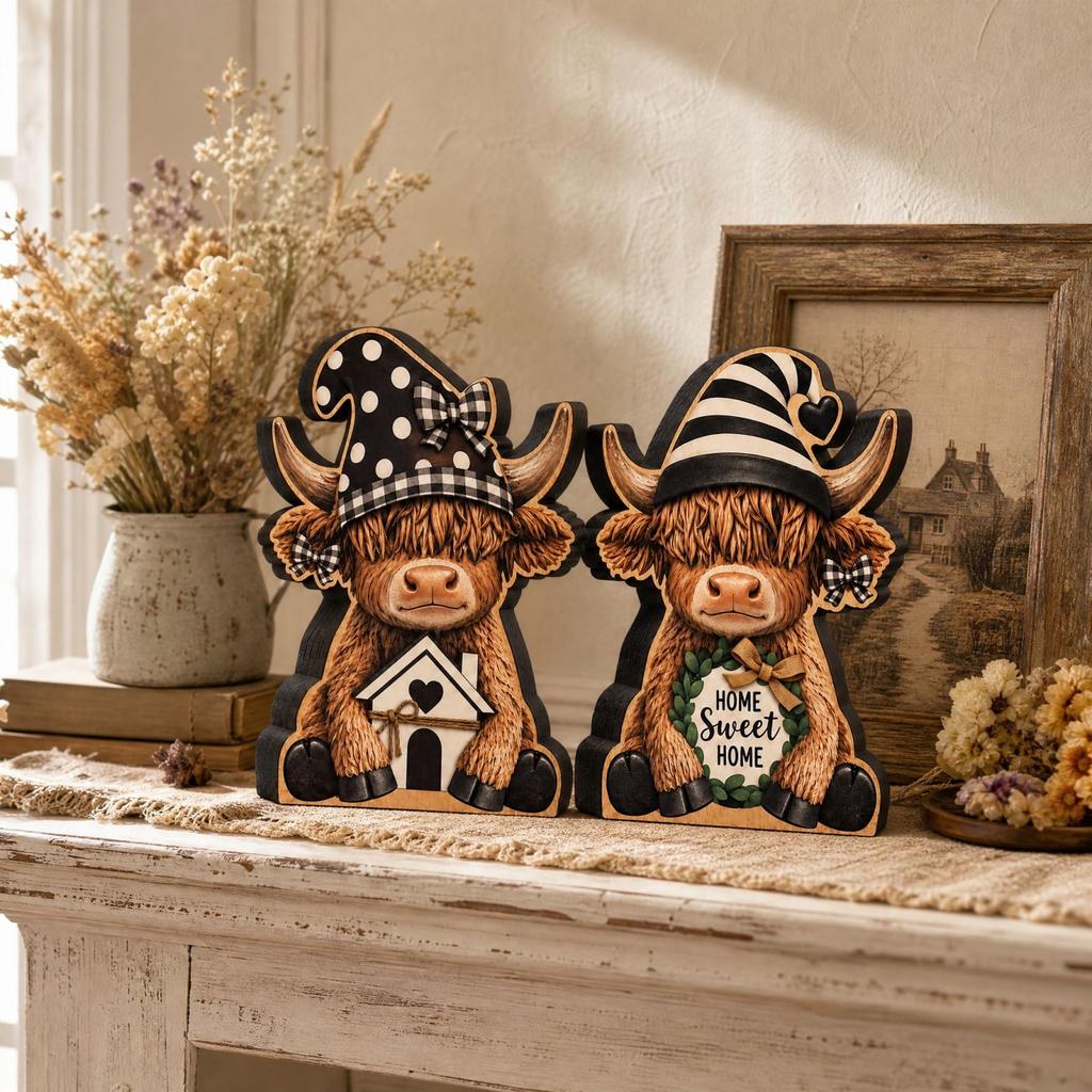 Wooden Cow Figurine, Rustic Wood Tabletop Decor, Bookshelf Ornament