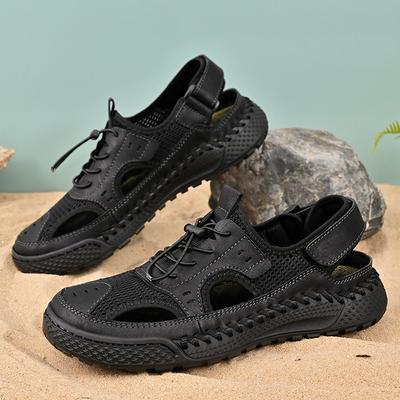 Sandals Men's Tide Summer New Genuine Leather Toe Cap Outdoor Leisure Sports Hollow Sandals Beach Shoes Handmade Mesh Men Shoes