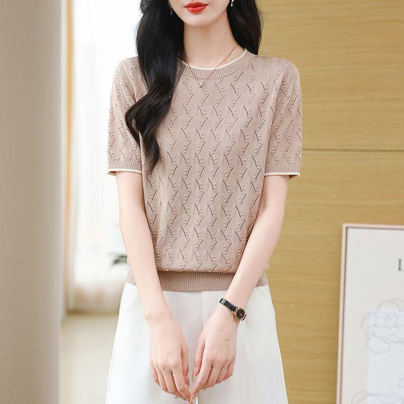 Summer Women's Round Neck Knitted T-shirt Women's Knitted Sweater with Hollow Out Thin Design Slimming Top