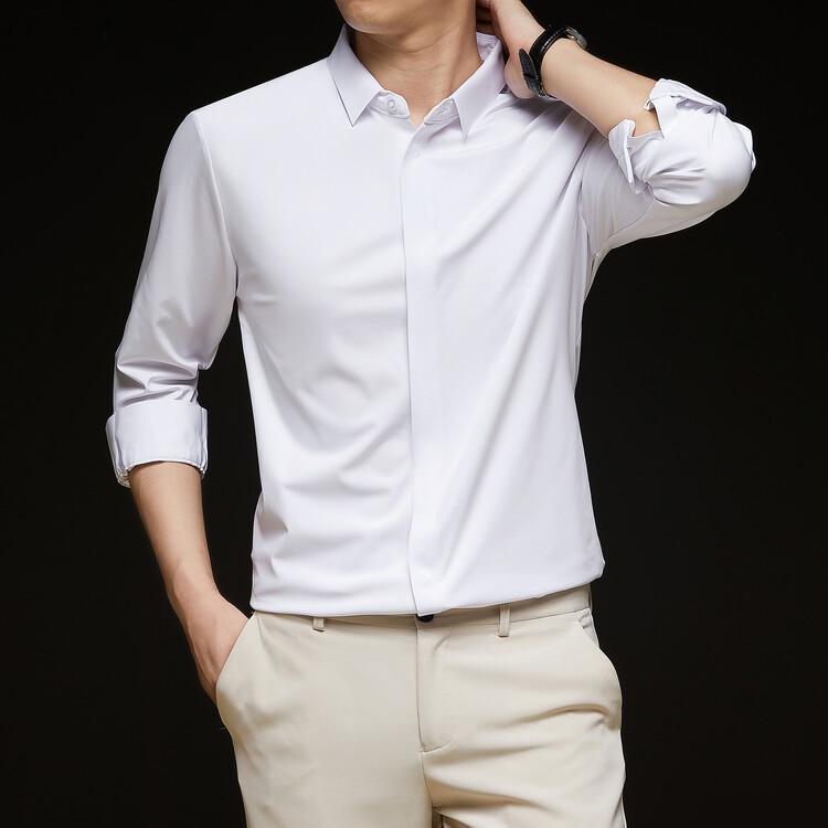 Men’s High-End Hidden Placket Long Sleeve Ice Silk Dress Shirt