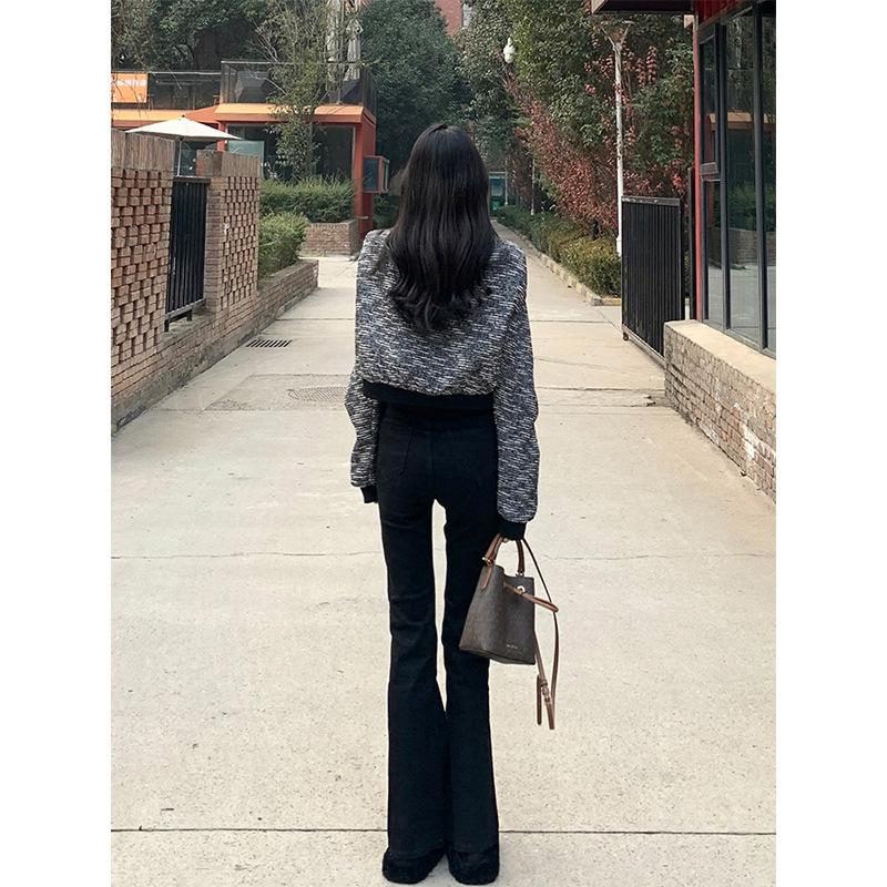 Women's Black High-Waisted Slim-Fit Micro-Flared Jeans, Petite, Spring/Autumn 2023 Collection, Floor-Length.