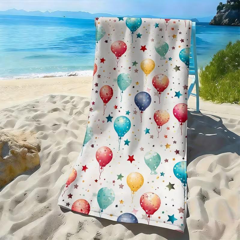 Colorful Balloon Star Print Beach Towel Festive Watercolor Party Pattern Towel Soft Absorbent Quick Dry Towel for Kids