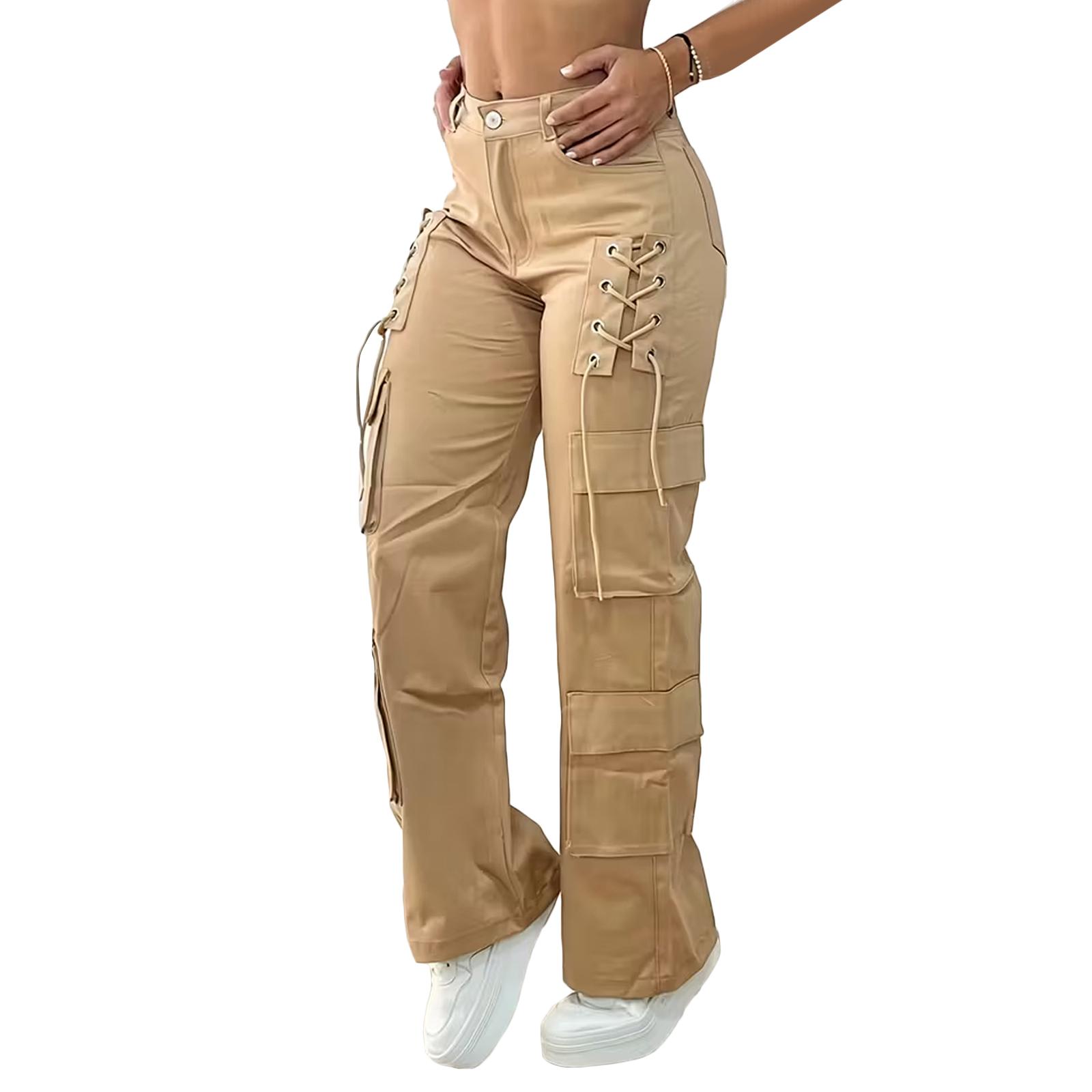 

Ladies Fashionable Side Striped Straight Leg Pants With Elastic Waist Pocket, Casual Sports Pants S хакі