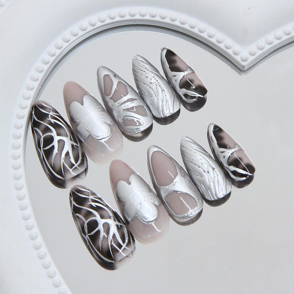 Sweet Cool Silver Metal Personality Wear Armor 24 Pieces Press On Nails