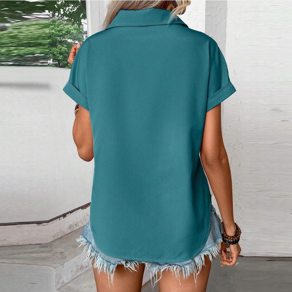 Tricou cu mânecă scurtă cu buzunar cu rever pentru femei, de culoare uni, cămașă cu un singur piept