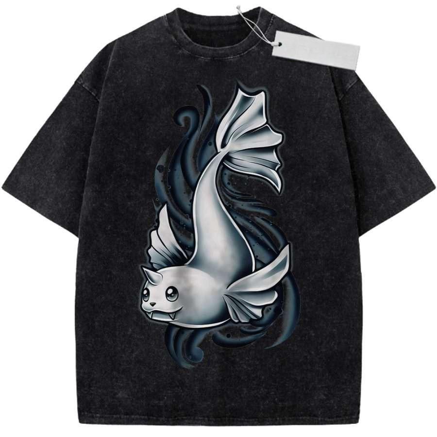 Unisex Washed Black Vintage T Shirt Catfish High Quality Fabric for Home Leisure Travel Shopping