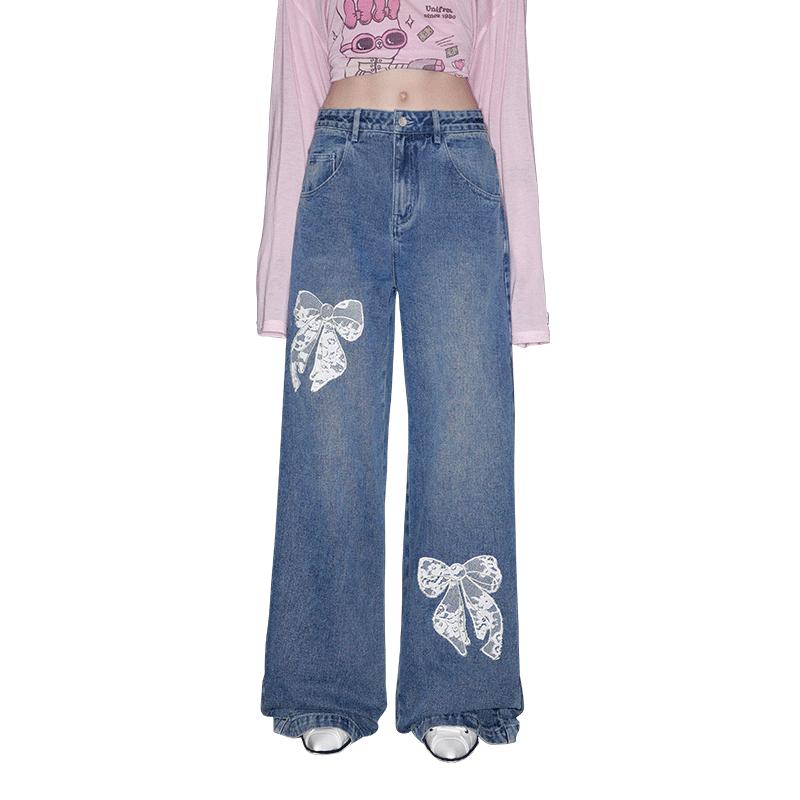 

UNIFREE Retro American Style Blue Baggy Jeans with Lace Bow S