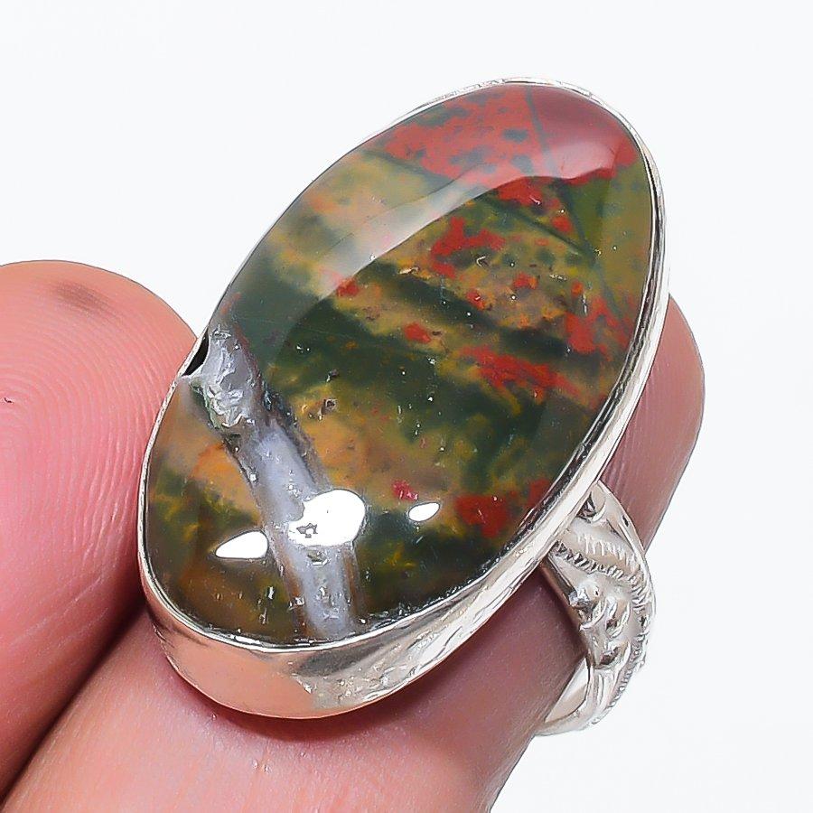 Natural Bloodstone Gemstone 925 Sterling Silver Jewelry Ring Size 7.5 o1M23