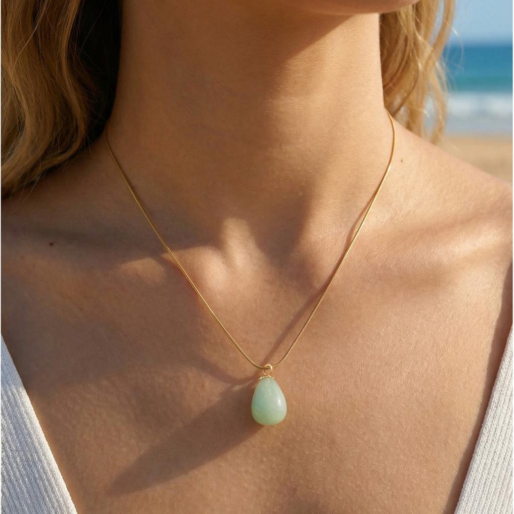 Vnox Elegant Natural Pink Quartz Green Aventurine Pendant Necklaces for Women, Waterdrop Gemstone Snake Chain Party Jewelry Gift
