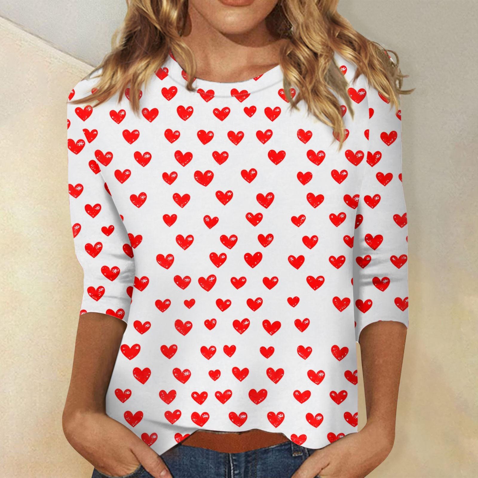 

Жіночі топи Вільна футболка з принтом до Дня Святого Валентина з круглим вирізом і рукавом три чверті XL кавун червоний колір