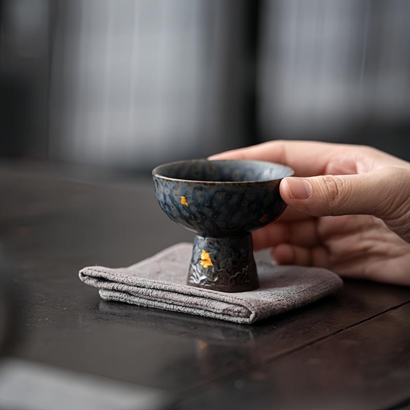 Peacock Blue High Footed Tea Cup, Personal Cup, Retro Bronze Color, Small Capacity Household Kung Fu Tea Set, Tea Cup